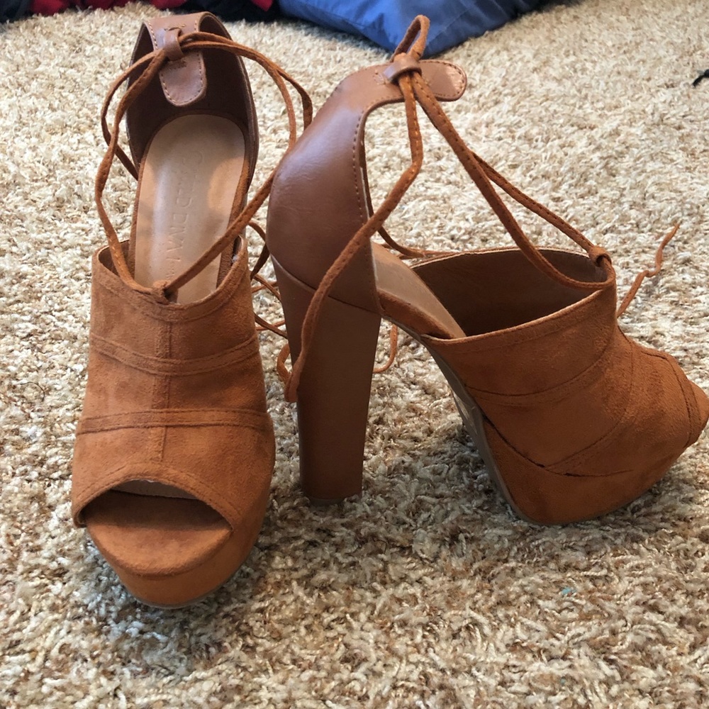 Dark tan suede lace up heels